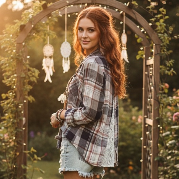 Knox Rose Tops - Knox Rose Plaid Lace Back Button Up Soft Boho Flannel Cottagecore Grunge Medium